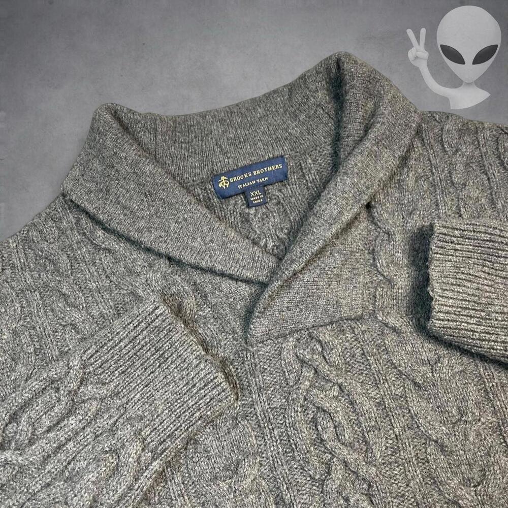 Brooks Brothers XXL Gray Merino Wool Cable Knit Shawl Neck Sweater Vintage 90s - Picture 2 of 6